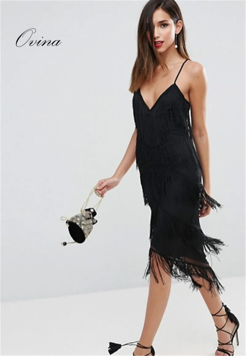 

Black Sexy Strapy Sleeveless Tassel Mid Calf Bodycon Bandage Women Dress