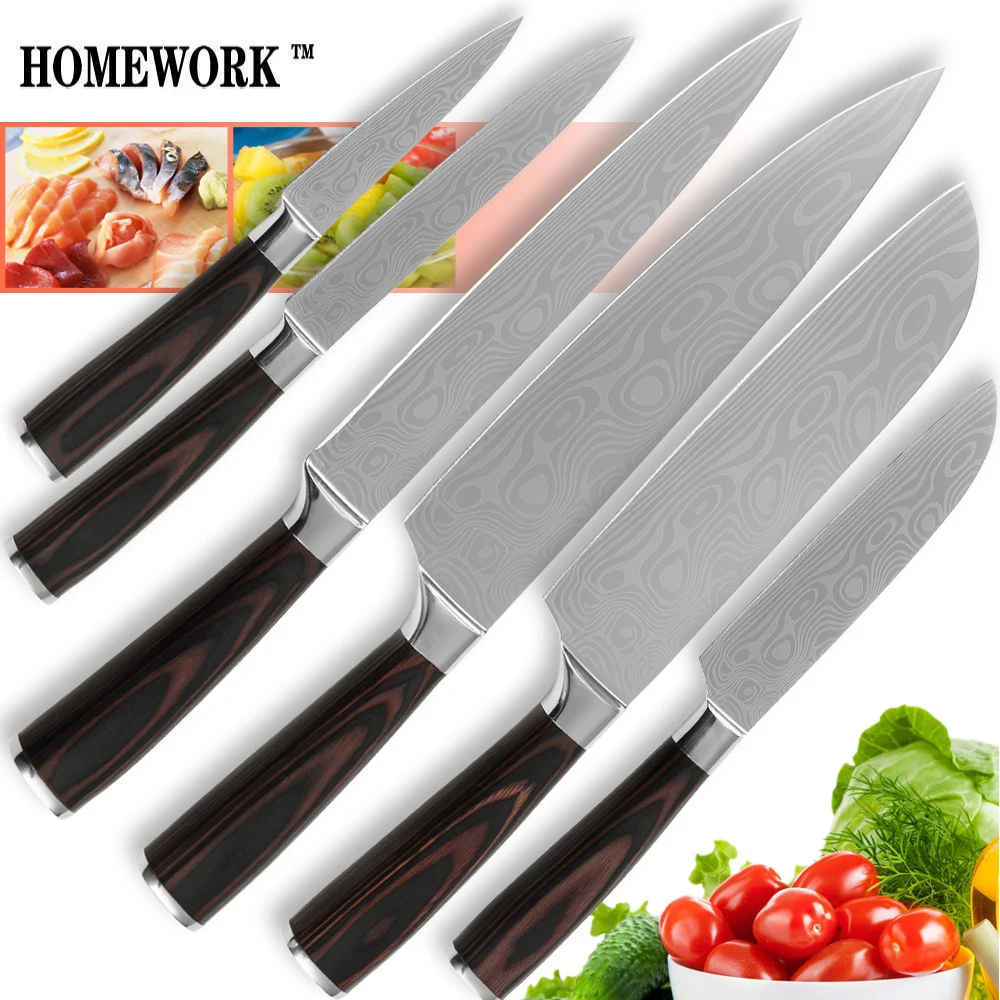 Kitchen knife set paring utility 2*santoku slicing chef knives six