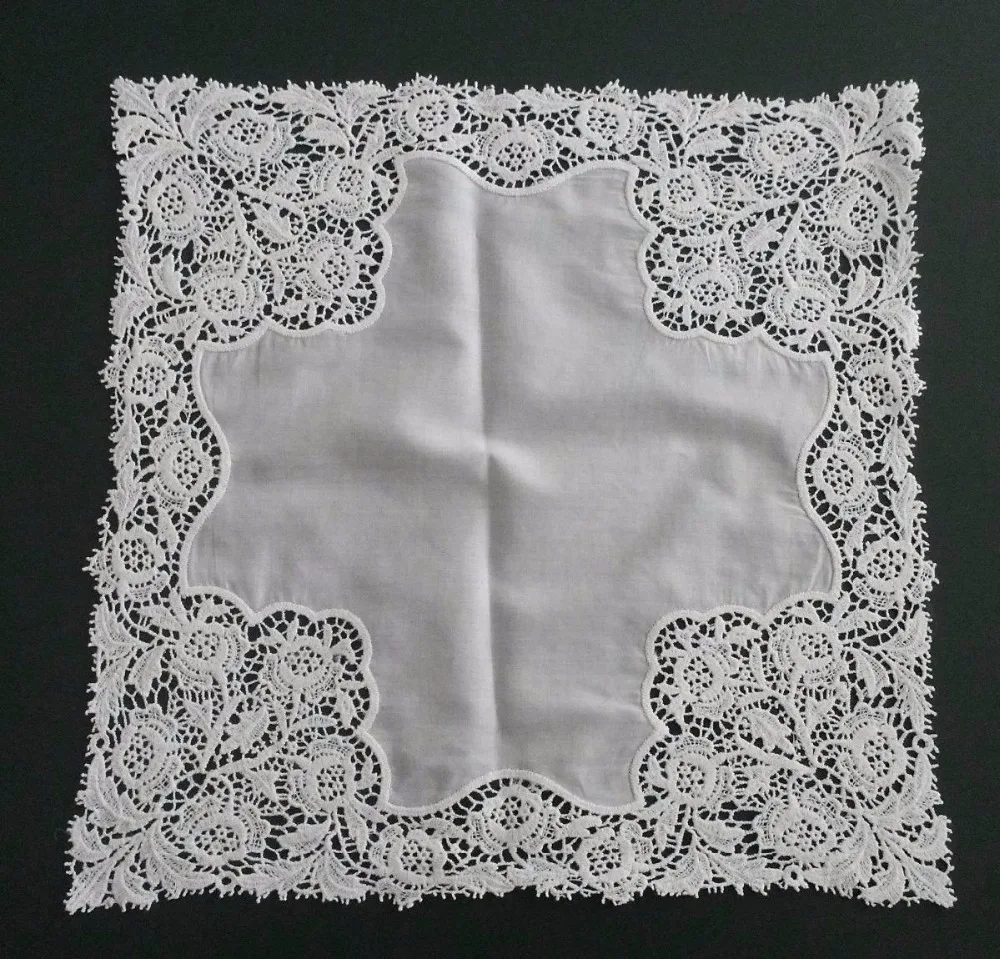 

Hight quality white 100% cotton computer Swiss fine lace embroidery handkerchief lace flowers lady handkerchief