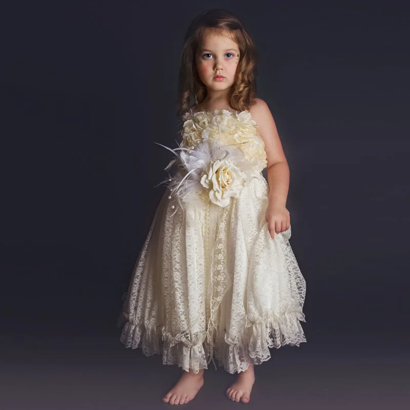 

2017 New Arrival Flower Girl Dresses A-Line Ruffles Lace Spaghetti Straps Sleeveless Ankle Length First Communion Pageant Gowns
