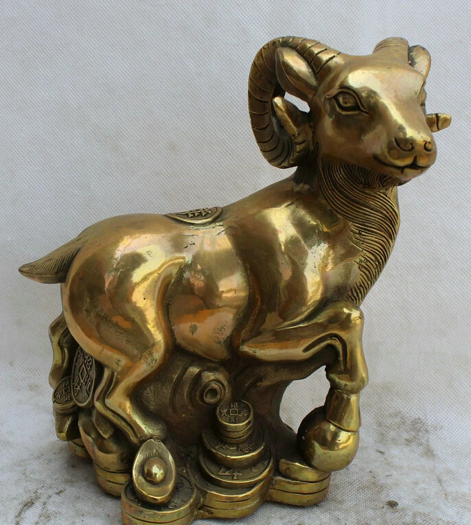

Fast shipping USPS to USA S1956 9" Chinese Brass Animal Wealth Fengshui Zodiac Year Sheep Goat sculpture Statue