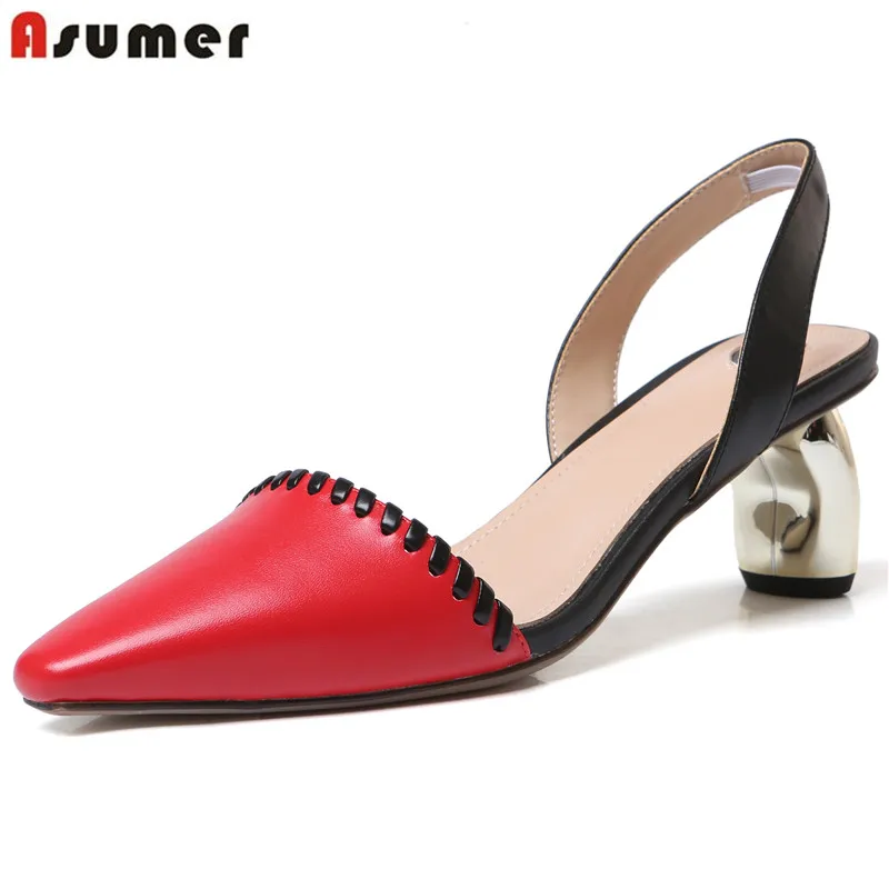 

ASUMER 2019 New genuine leather shoes women high quality mixed color cow leather women's sandals high heels lady dress shoes