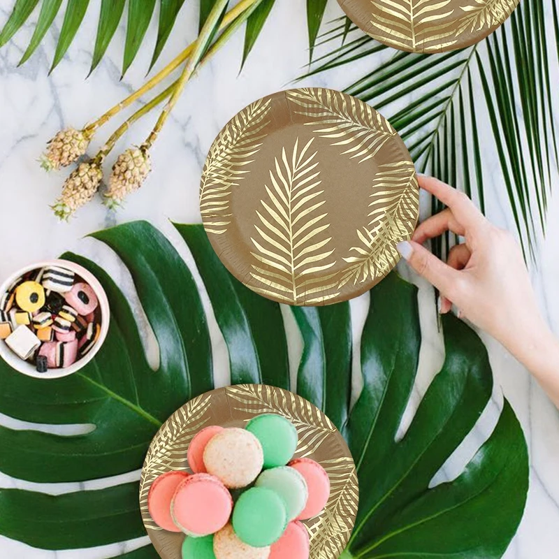 

6pcs Easter Decorations Palm Leaf Disposable Tableware Sets Kraft Paper Plates Cups Tableware Dinner Sets Eco-friendly