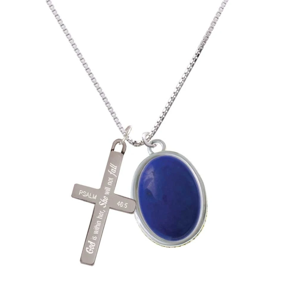 Oval - Dolomite Marble - Blue - - She will not Fall - Cross Necklace