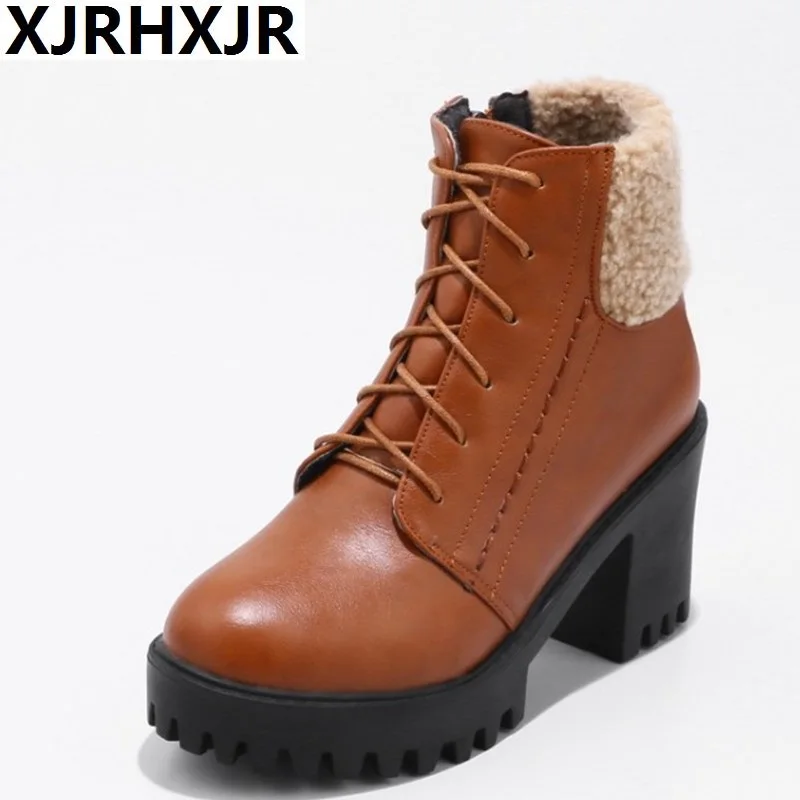

XJRHXJR NEW Brand Plus Sizes 33-43 Top Quality Ankle Boots women's's Shoes Woman Square High Heels Winter Booties Female