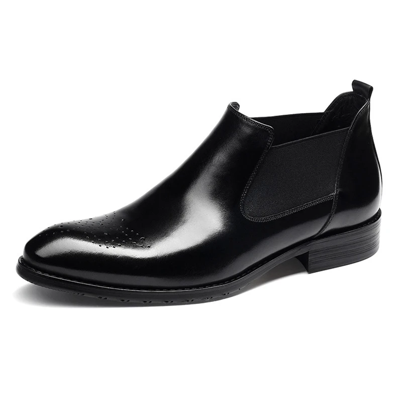 

Brogue Chelsea Boots Elastic Band British Boots Men Leather Ankle Boots Fashion Teenager Footwear Autumn Shoes Men Dressing Shoe