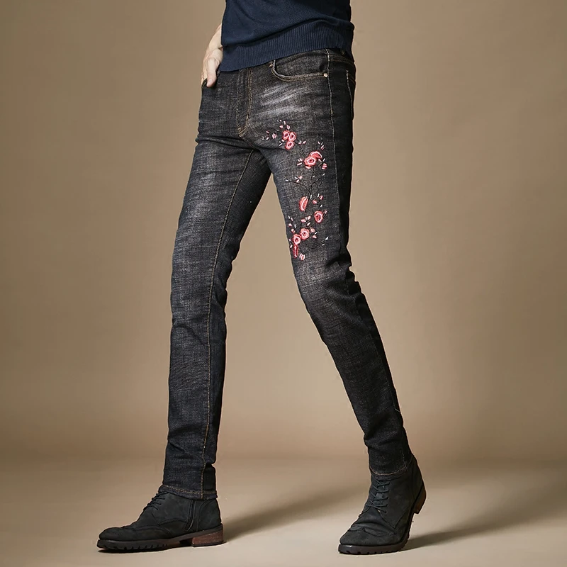Fashion Men's Embroidery Jeans Pants Slim Fit Mid Waist Straight Leg
