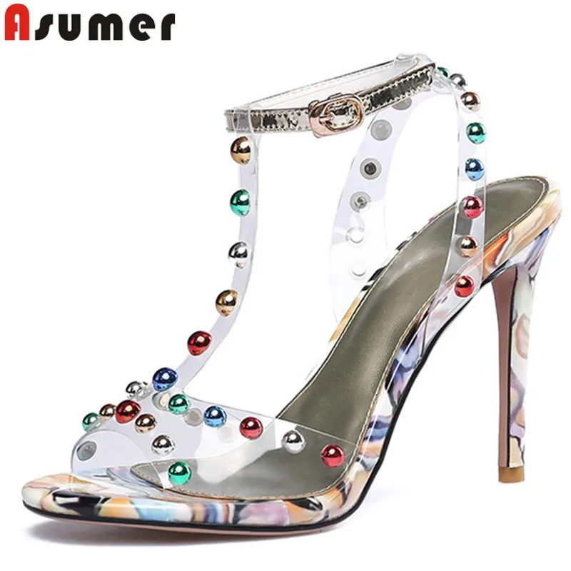 

ASUMER 2019 new summer sandals buckle ladies prom wedding shoes rivet super high heels shoes elegant women sandals big size