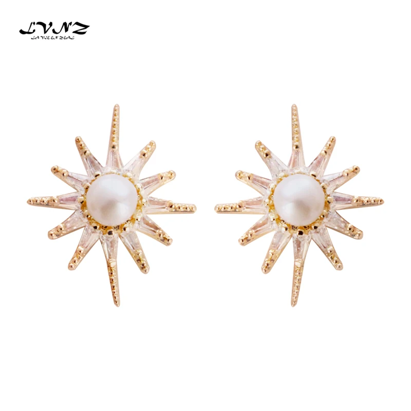 

LVNZ 2019 New Hot Fashion Cubic Zircon Sunflowers White Freshwater Pearls Drop Earrings Woman Jewelry Charm Statement 7049b