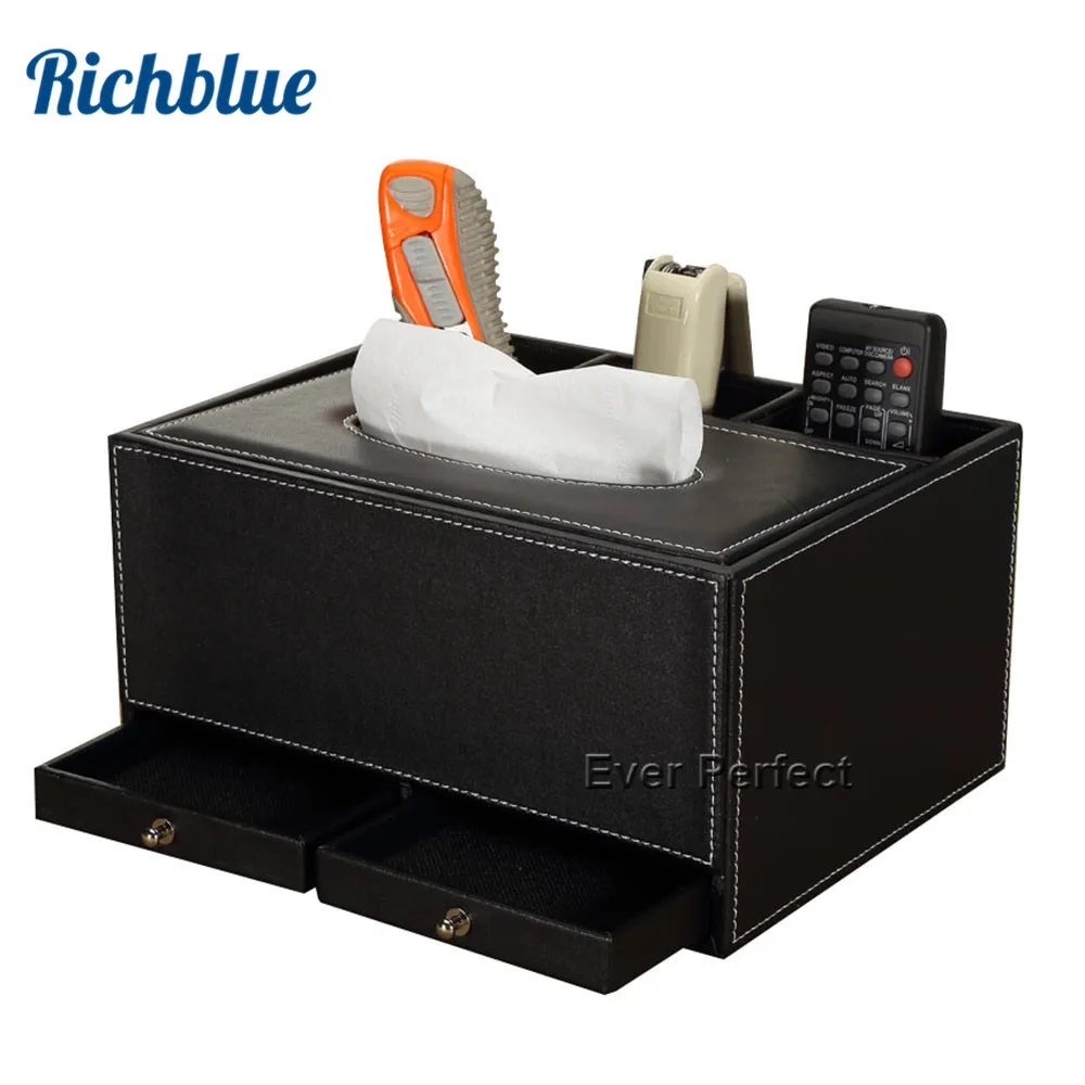 

Multi-functional PU Leather Rectangular Tissue Box Pumping Paper Hotel Home Gift Supplies with 2 drawers
