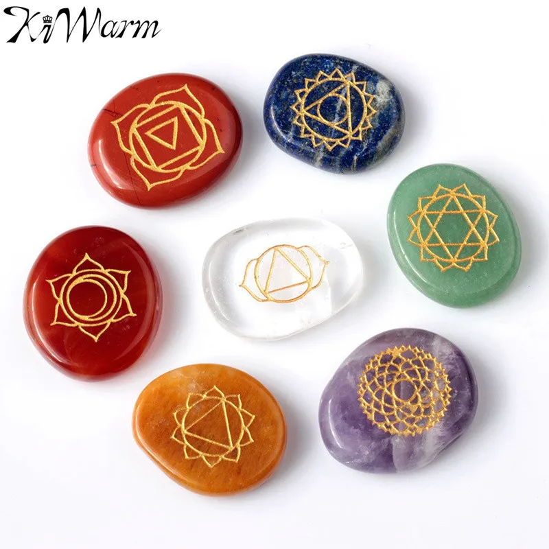 

KiWarm 7 Pcs Irregular Engraved Traditional Chakra Pattern Stone Crystal Reiki Healing Hand Play Stone with Pouch Craft Gifts
