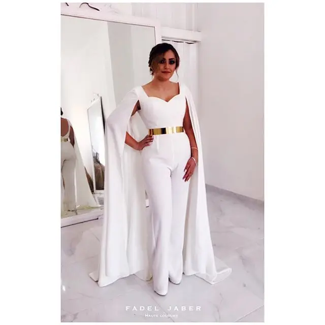 

Elegant White Jumpsuit Evening Gowns 2019 With Cape Gold Belt Long Formal Dresses Modest Pant Party Special Occasion Outfit