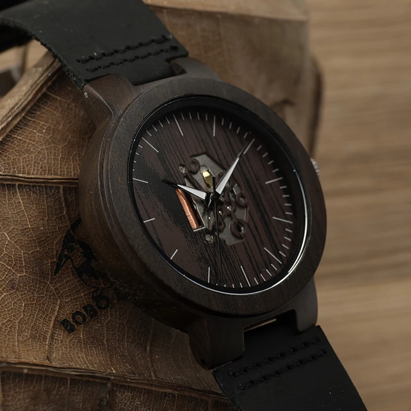 BOBO BIRD Black Wood Mens Watch Quartz Watches Real Leather Band Wooden Wristwatches Vintage Relogio Masculino