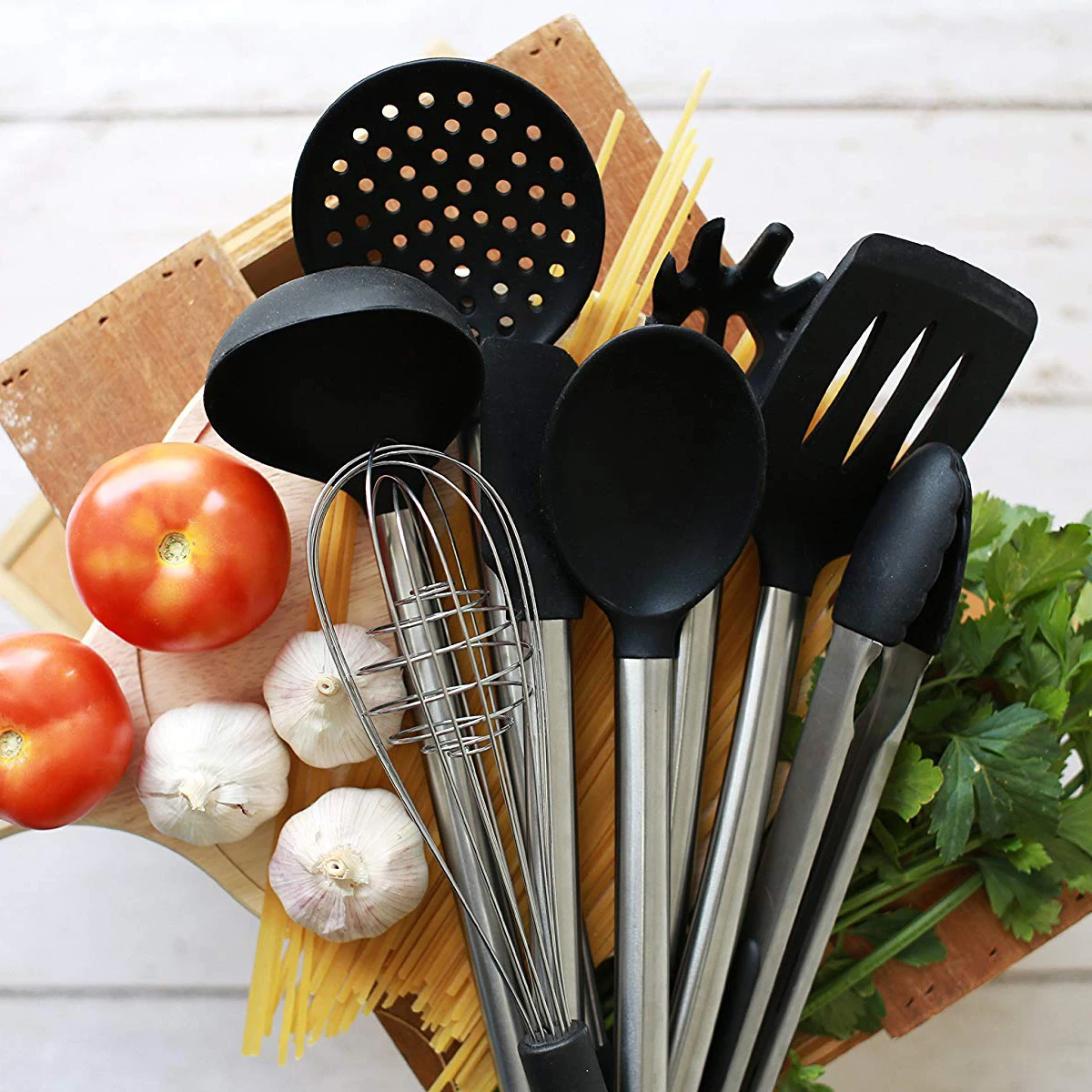 8 Piece Kitchen Utensil Set Stainless Steel and Black Silicone Modern Nonstick Utensils Cooking Tools 8 Piece Kitchen Utensil Set Stainless Steel and Black Silicone Modern Nonstick Utensils Cooking Tools