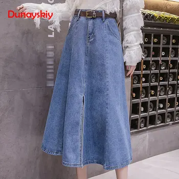

Jeans Skirt 2020 New Arrival Pockets Long Skirts For Women High Waist Casual Denim Skirts Free Belt Pleated Maxi Skirt Women