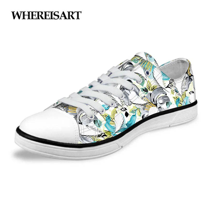 

WHEREISART Classic Women High Top & Low Style Canvas Shoes Casual White Vulcanize Shoes Female Floral Petal Printed Flat Shoes