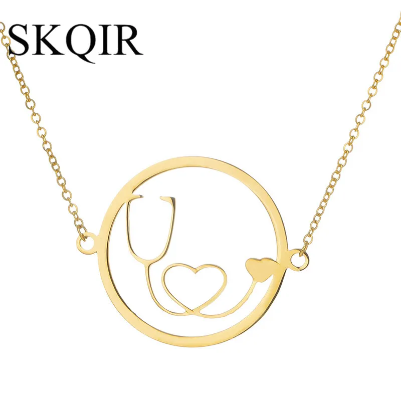 SKQIR Fashion Stethoscope Medical Necklace Gold Chain Stainless Steel