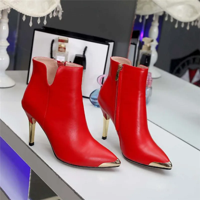 

Red Black Metal Tip Lady Ankle Boots Solid Elegance Pointed Toe Thin Heels Sheepskin Sexy Fashion Autumn Ankle Gap Women Shoes