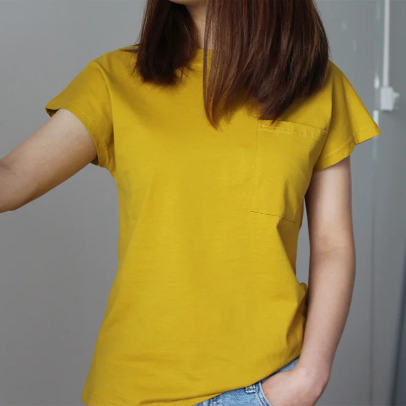 

100% Cotton Women's Short Sleeve T-shirt Tee Top Black O-Neck Pocket Female T-shirts Tops Summer 2019 Lady Loose Tees Clothes