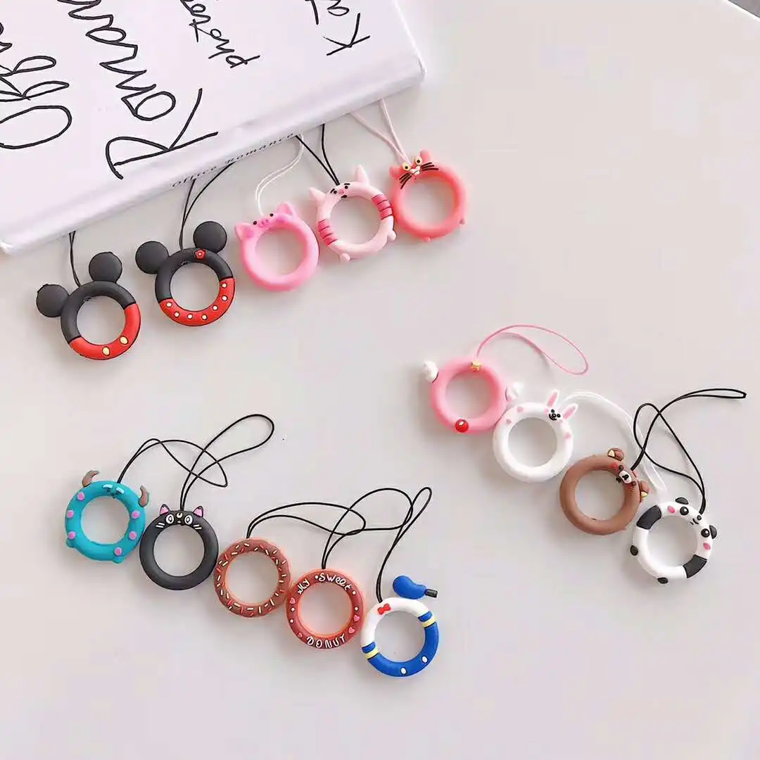 

Cute Doughnut Pendant Universal mobile phone cover Case for AirPods finger ring cartoon mickey duck soft silicone string rope