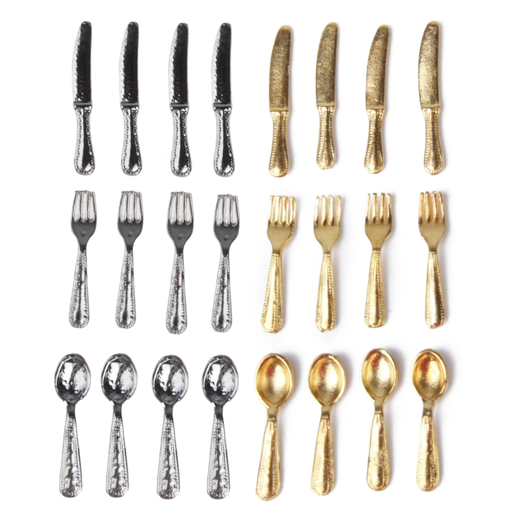 1/12 12 Pcs Dollhouse Miniature Forks, Spoons & Knifes Tableware Stainless Steel Tableware Set  Kitchen Accessories Toys