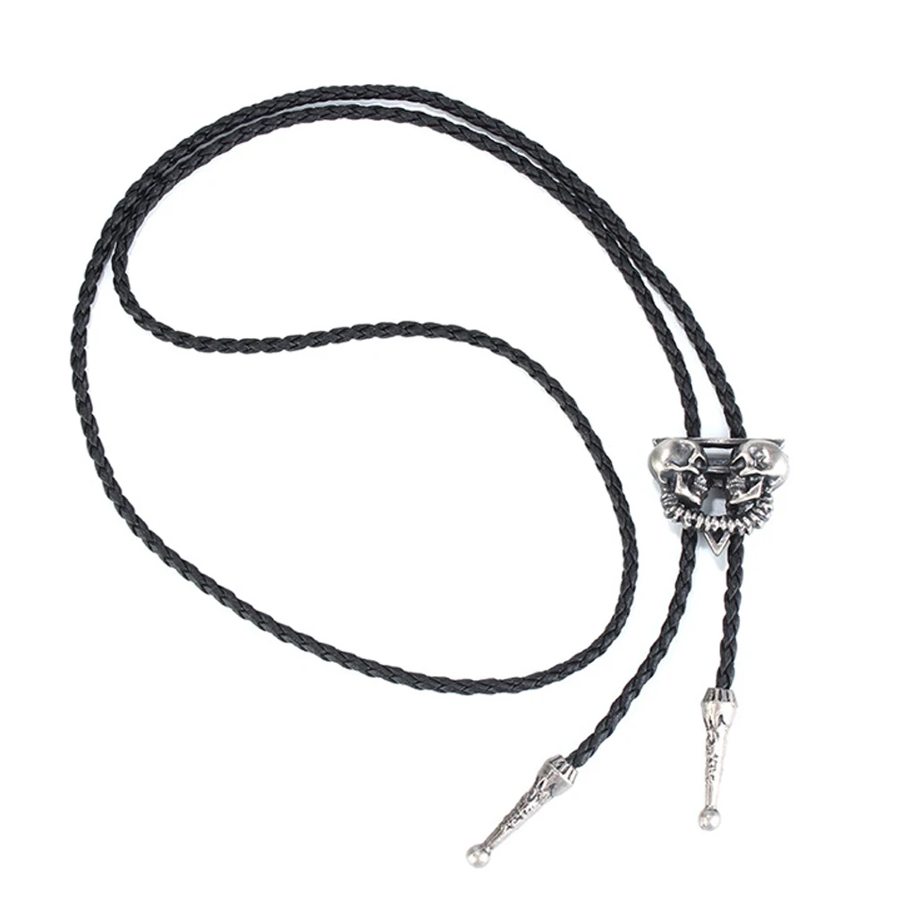 Western Cowboy American Skull Head Bolo Bola Tie Long Leather Necklace Men's Dancewear Accessories