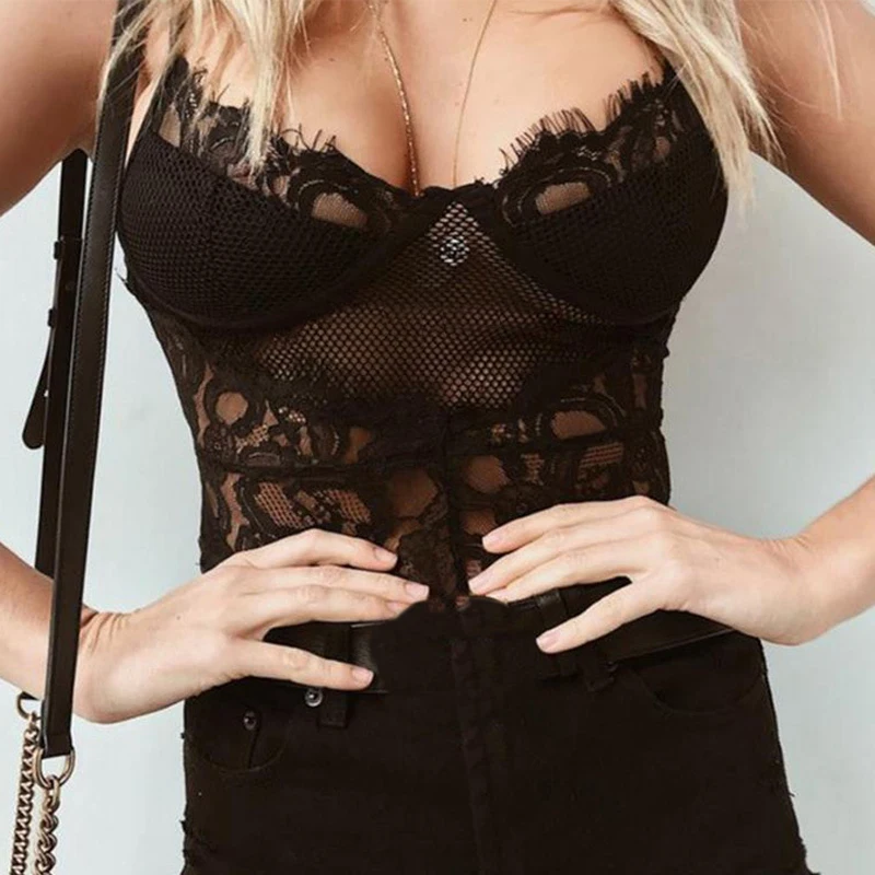 

Strap Mesh Bodysuit Tops Sexy Rompers Club Skinny 2019 New Femme Body Bodycon Black White Lace Bodysuit Women Spaghetti M0106