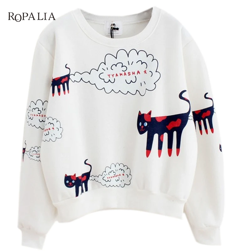 

3 Colors Plus Size Loose Casual Sweatshirt With Cartoon Cat Pattern New Spring Autumn Sweatshirt Women Tops Plus