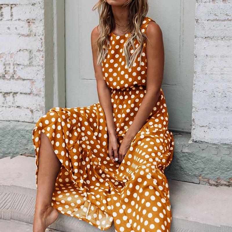 

2022 Maxi Polka Dot Dress Women Boho Beach Party Chiffon Summer Dress Elastic Waist Dot Casual Elegant Long Dress