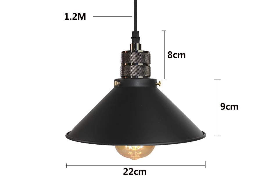 Винтажная Подвесная лампа с железной пластиной E27, черный зонт диаметром 22 см, светодиодный светильник Эдисона для столовой, спальни, ретро, американский железный подвесной светильник
