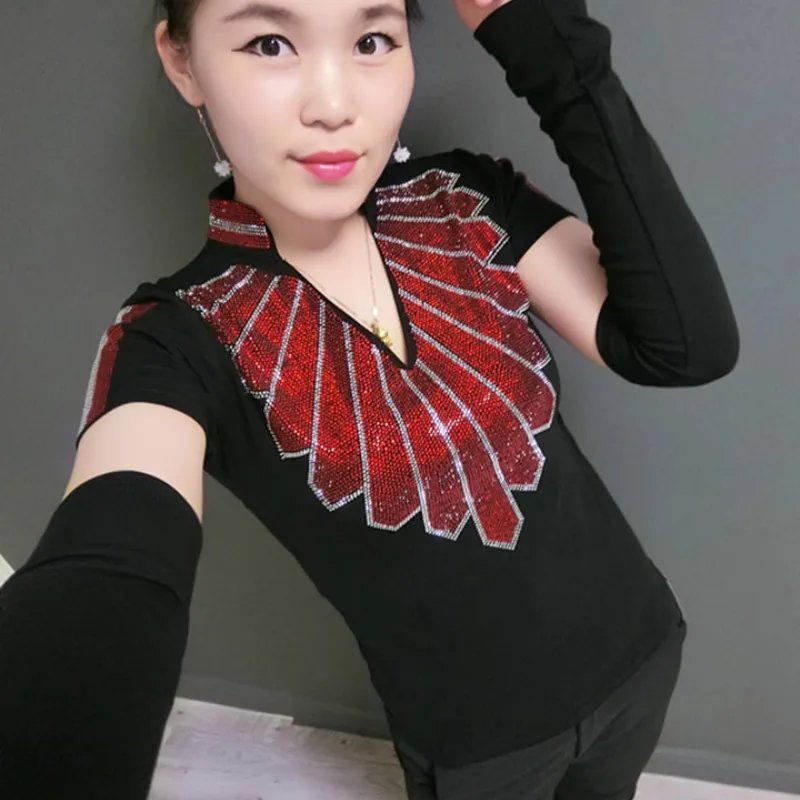 

2018 Long Sleeve Rhinestones Stamping Black T-shirts Women Bodycone Shiny Bead Work T-shirts Women Sexy Dancing Party T-shirts