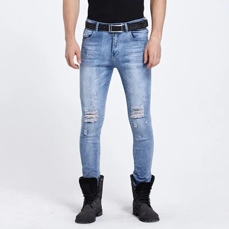 

2017 New Men Ripped Jeans Hole Distressed Destroyed Hip Hop Designer Brand Slim Fit Pencil Denim Jeans Free Shipping
