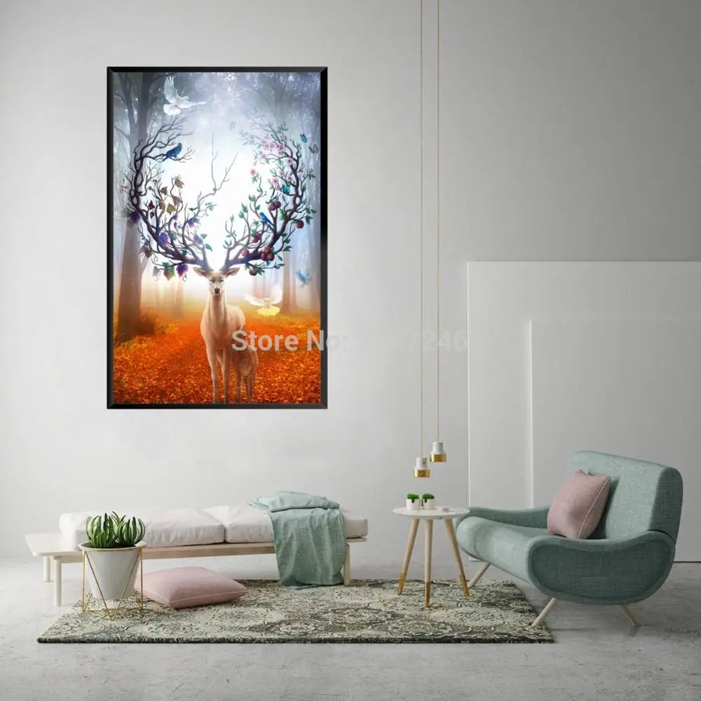 

Dream Elk Art Canvas Painting Modular Red Leaves Pictures Decorative Wall Picture Home Living Room Decoration No Frame