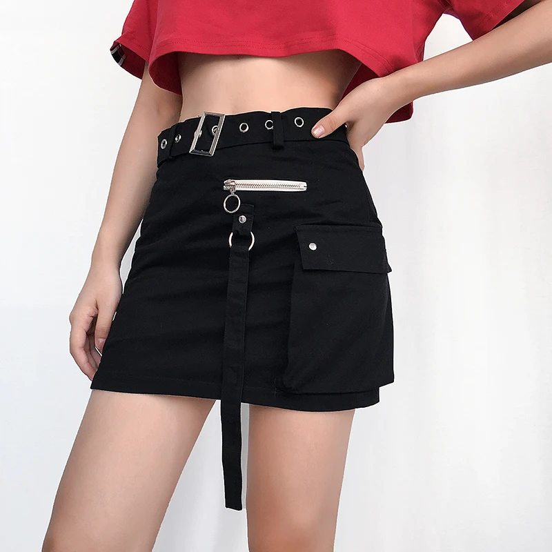 Sweetown/черная однотонная мини-юбка в стиле панк, готика, с поясом, Лоскутная, на молнии, с карманами, с высокой талией, женская уличная юбка