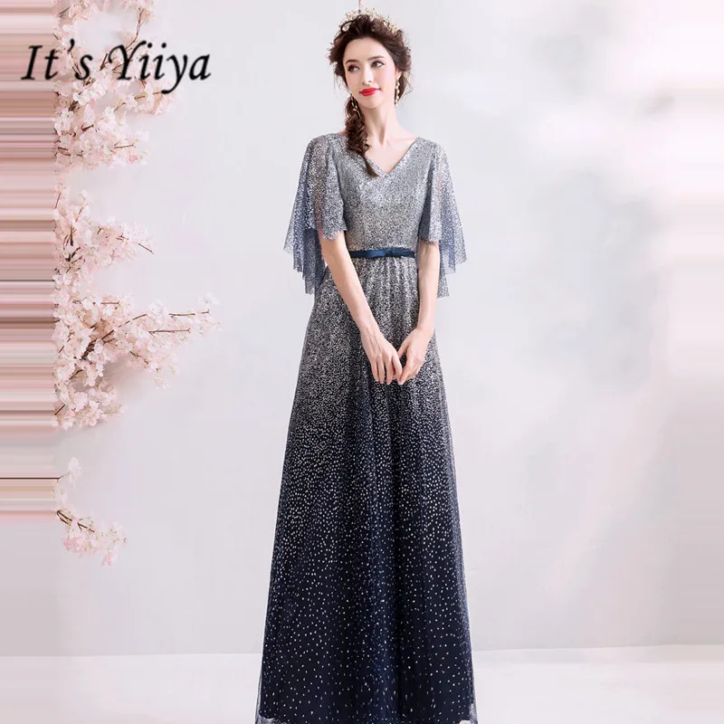 It's YiiYa Prom Gowns V-neck Short Sleeves A-Line Ankle-Length Long Party Dress Custom Plus Size Prom Dresses E249