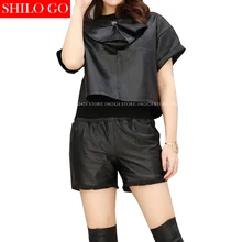 SHILO GO,, модная женская сексуальная рубашка на шею, на молнии, с металлическими заклепками, короткий рукав, тонкая, из овчины, натуральная кожа, короткая рубашка, женская рубашка