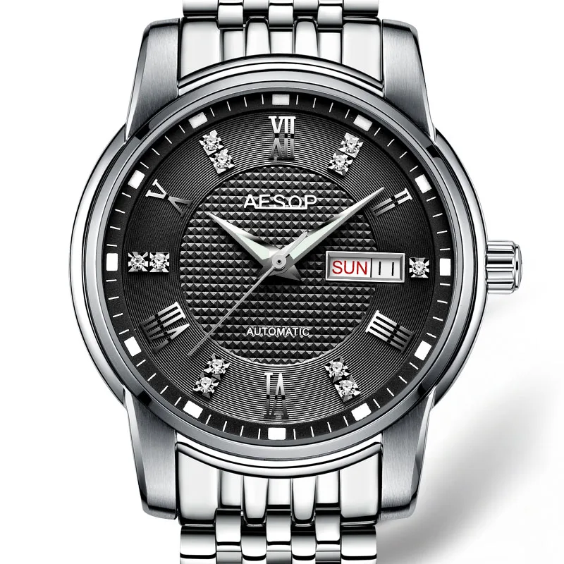 AESOP механические часы для мужчин s часы сталь роскошный алмаз автоматические часы Лидирующий бренд для мужчин сапфир Relogio Masculino мужские часы - Цвет: 9011 sliver black