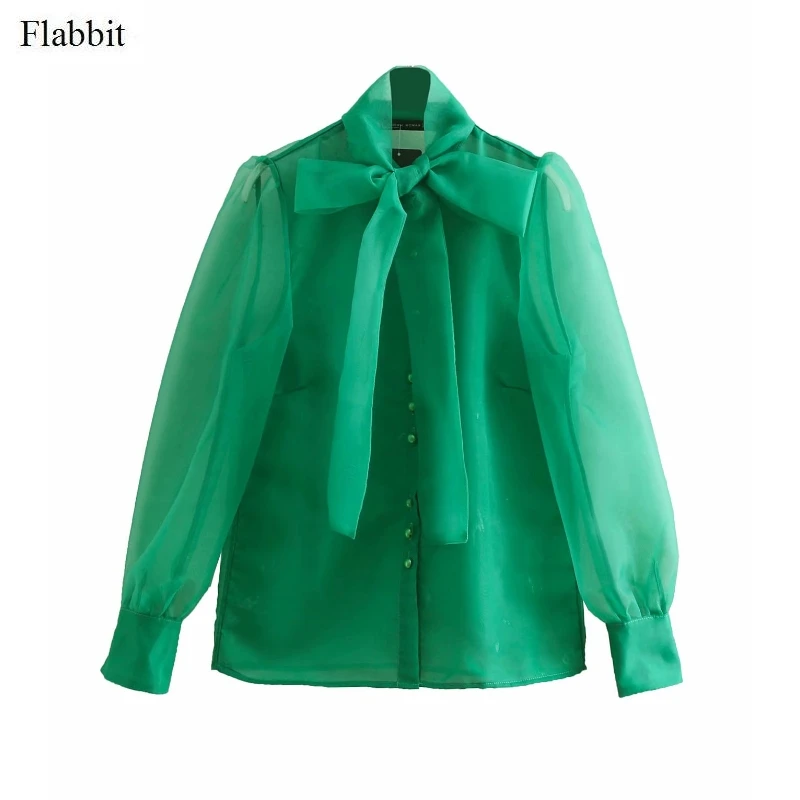 

Flabbit women solid color bowknot decoration green organza blouse ladies fashion long sleeve perspective shirt brand tops LX0541