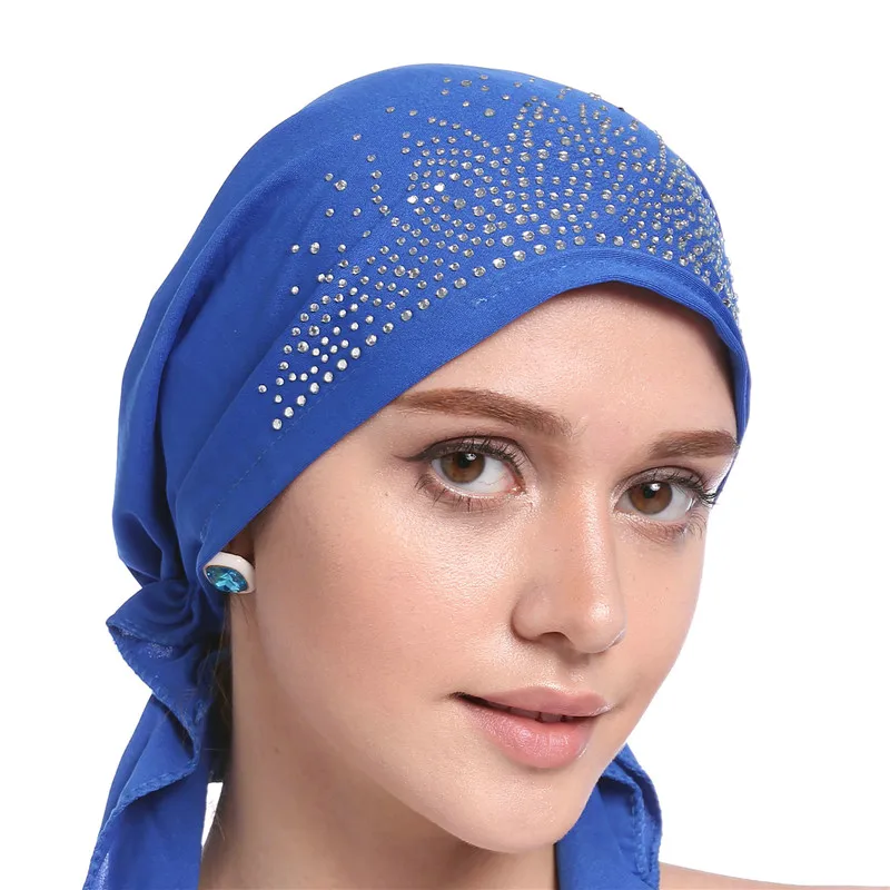 Fashion Women Headscarf Hat Thin Summer Muslim Inner Caps Solid Diamond Turban Bonnet Hijab India Head Wrap Hats For Ladies - Цвет: 7