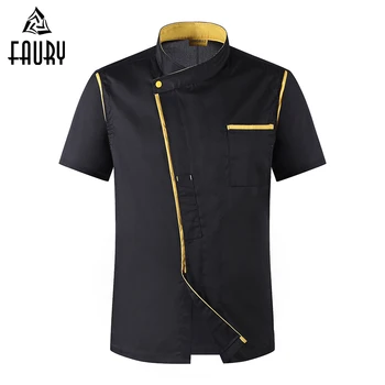 

2018 Wholesale Men Women Oblique Collar Single Breasted Short Sleeve Spliced Bakery Work Uniform Summer High Quality Chef Jacket
