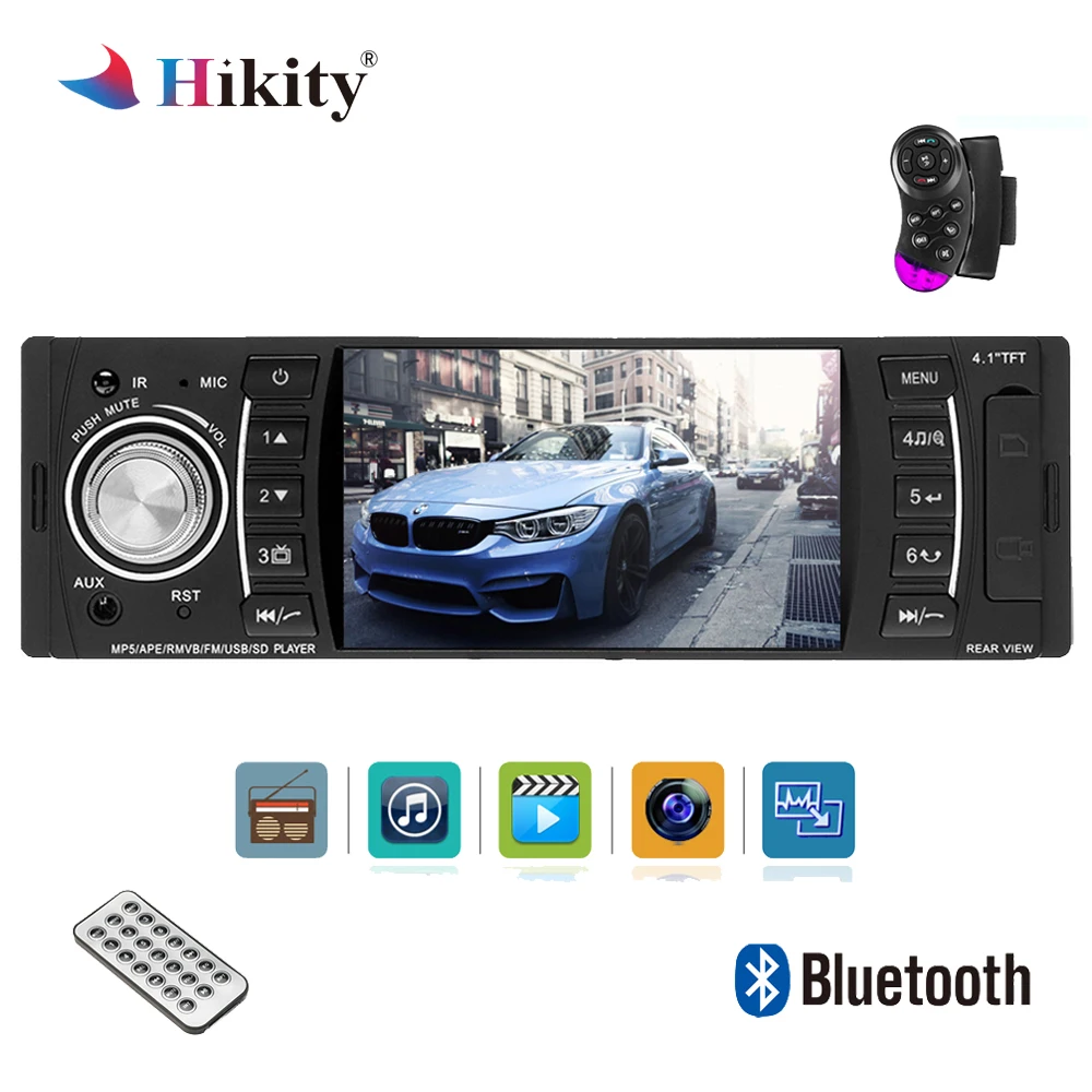 

Hikity Autoradio 4.1 Inch 1 Din HD Bluetooth Car Stereo Radio MP3 MP5 Audio Player Support USB FM TF AUX Reverse Rearview Camera