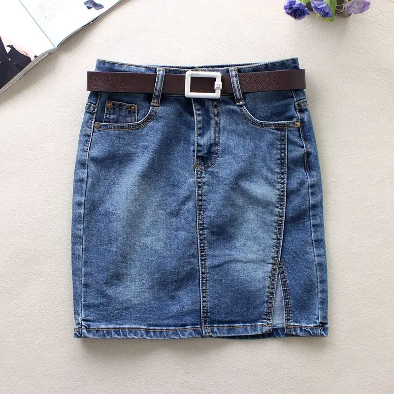 Летние синие джинсовые юбки, женские прямые юбки с разрезом внизу, английский стиль, хлопок, выше колена, мини однотонные джинсовые юбки 2071