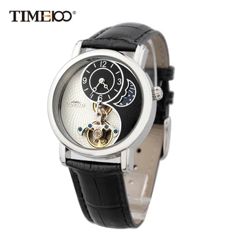 

Time100 Unisex Skeleton Mechanical Watches For Men Women waterproof Taichi Pattern Sun Moon Phase Black Leather Strap