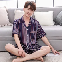Модные Полосатые Мужские пижамные комплекты из 2 предметов, ночные рубашки с короткими рукавами+ шорты, костюм для сна, мужские атласные шелковые пижамы, домашняя одежда