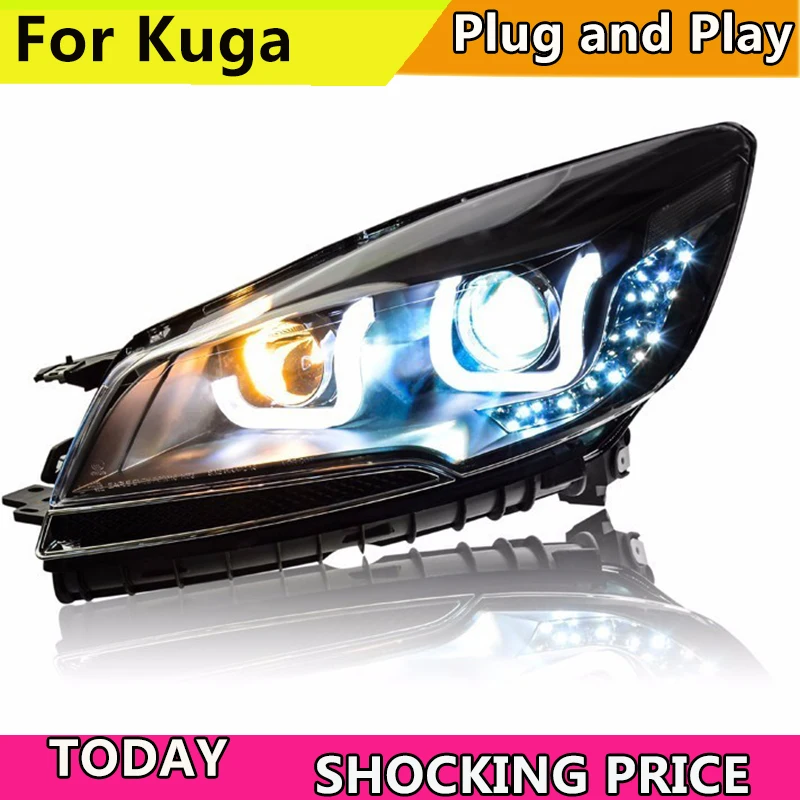 

Car Styling For Ford kuga Escape headlights 2013-2016 For Ford Escape LED Headlight bi xenon lens Lowbeam Headlamp Double U