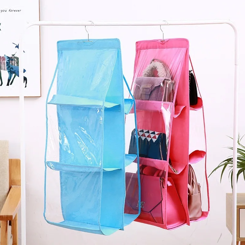 

6 Pocket Hanging Handbag Organizer Transparent Storage Bag Door Wall Clear Sundry Shoe Bag with Hanger Pouch for Wardrobe Closet