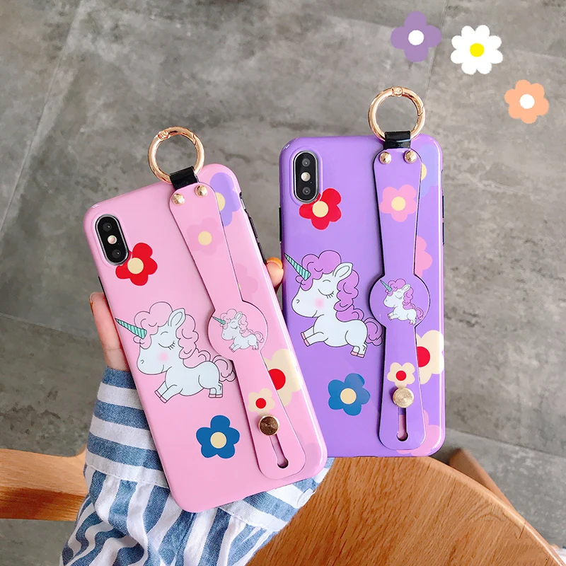 

Cartoon unicorn floral Wrist Strap phone case for iphone 7 8 6 6s Plus soft tpu case for iphone X XR XS Max case capa
