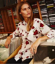 EQ 100% silk flower rose print long sleeve women blouse ladies loose shirt autumn spring