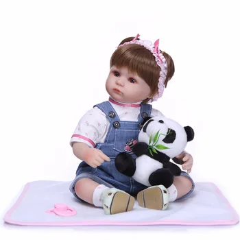 

Bebes reborn realista girl NPK dolls 18"40cm silicone reborn baby dolls denim overalls with panda plush child gift toy doll