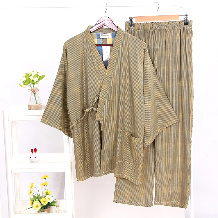 Men Japanese Style Kimono Pajamas Set Cotton Top Shirt Pants Suit Soft